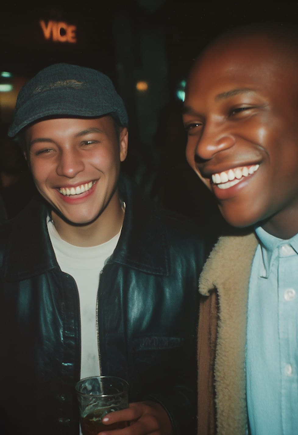 Two friends out together at night, laughing