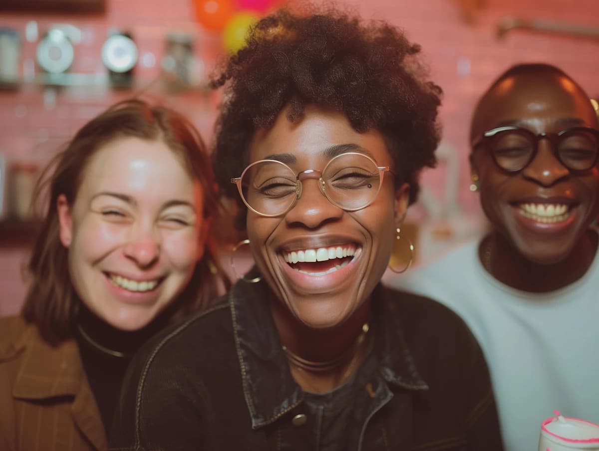 Three friends laughing together